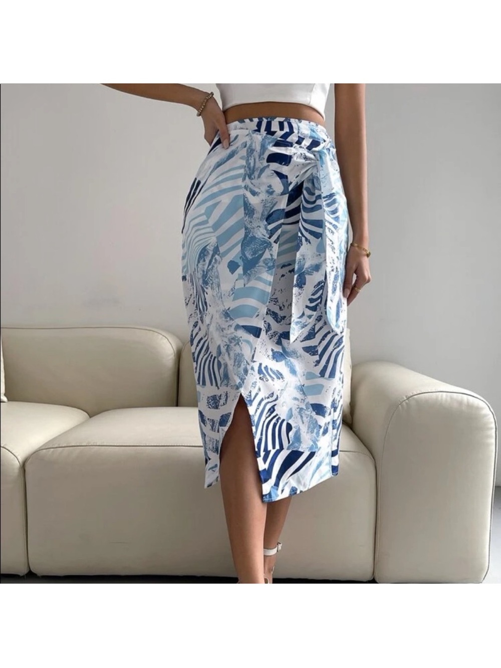 Blue & White Abstract Print Faux Wrap Midi Skirt